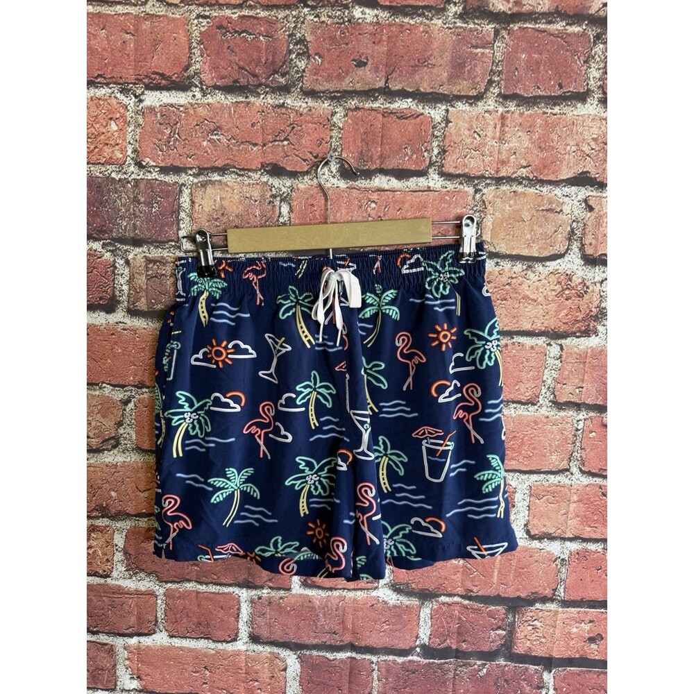 Chubbies Swim Trunks Mens Medium Navy Neon Flamingo Palm Mesh Lined 5.5" Inseam